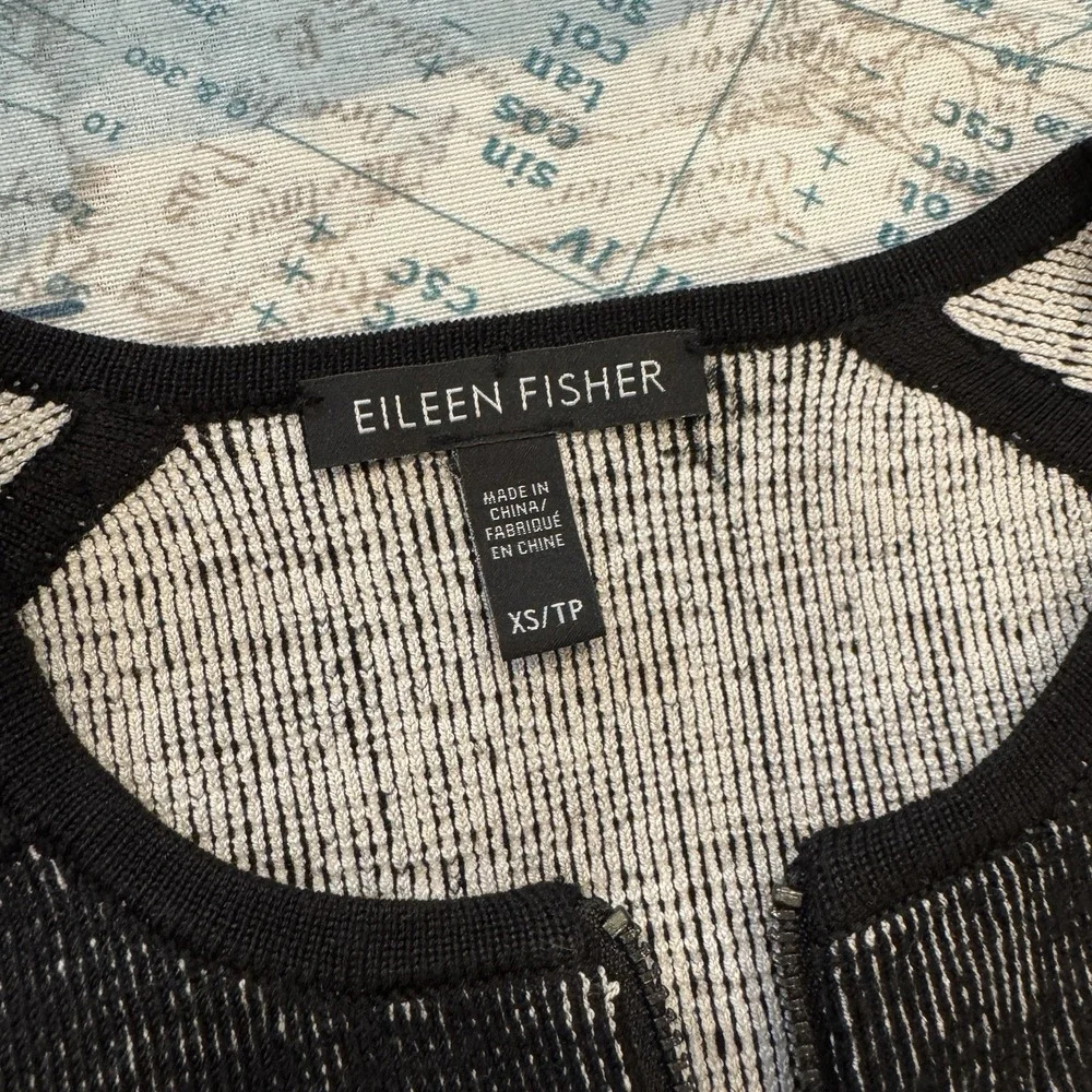 Eileen Fisher Black White Marled Knit Full Zip Collarless Jacket XS Professional